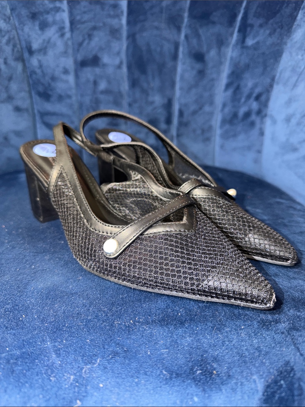 Catherine Malandrino Black Mesh Pointed-Toe Square Heel w/ Pearl Accent Size 7.5